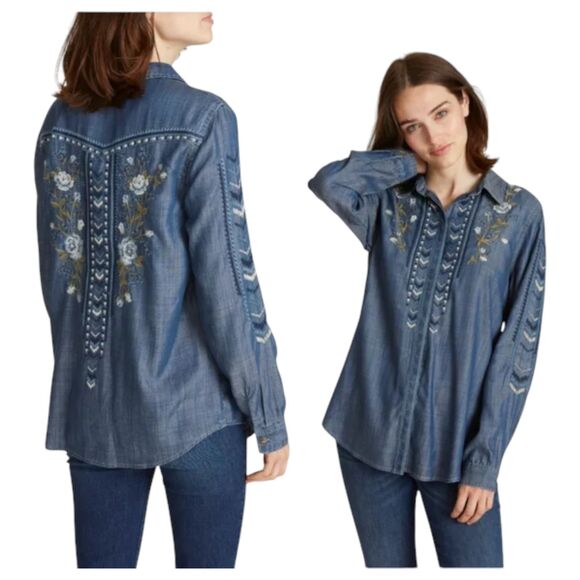 Driftwood Embroidered Button Chambray Denim Lana Shirt Ocean Dusk Size Medium - Picture 10 of 11